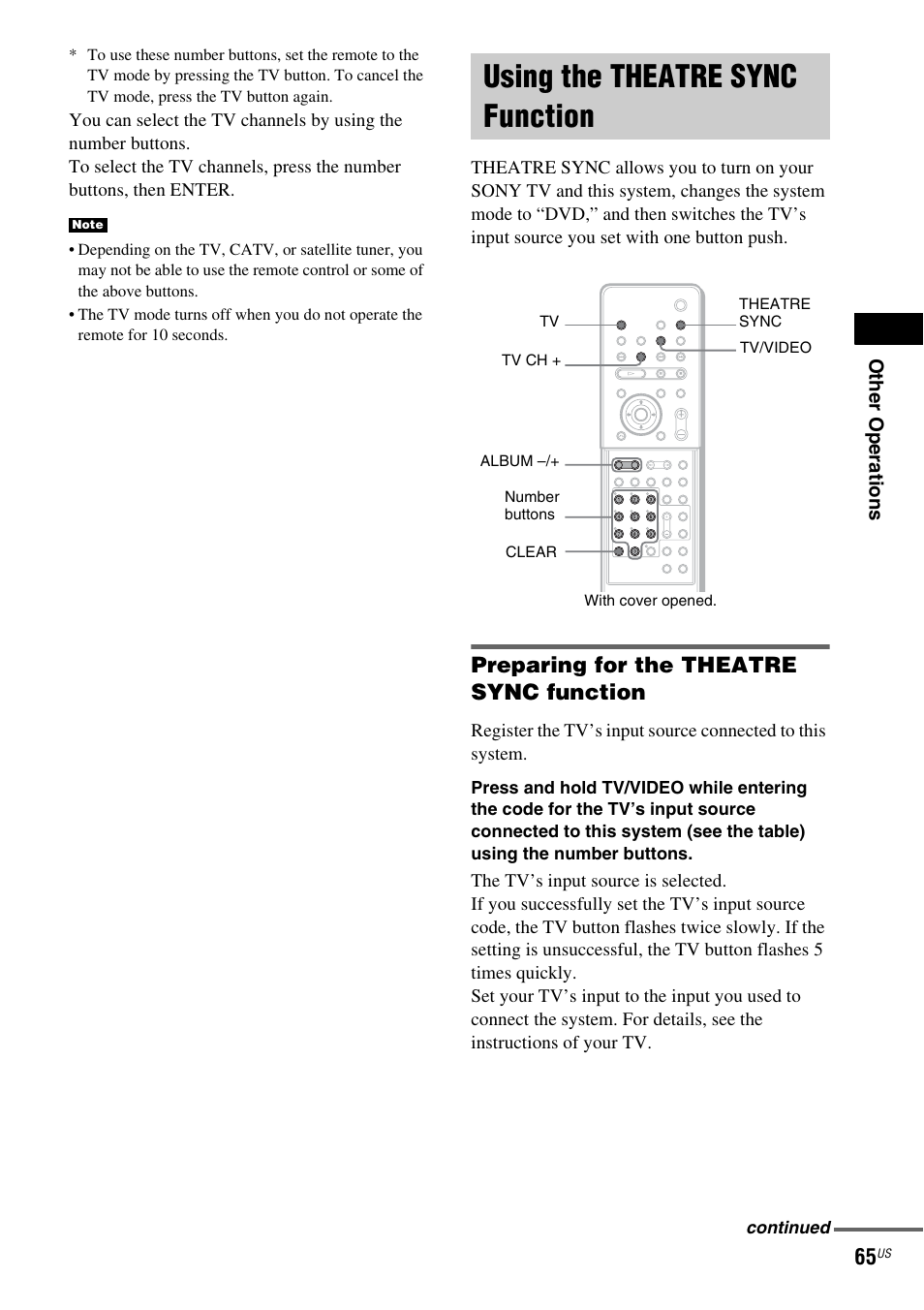 Using the theatre sync function, Using the theatre sync, Function | Preparing for the theatre sync function | Sony DAV-X1 User Manual | Page 65 / 99