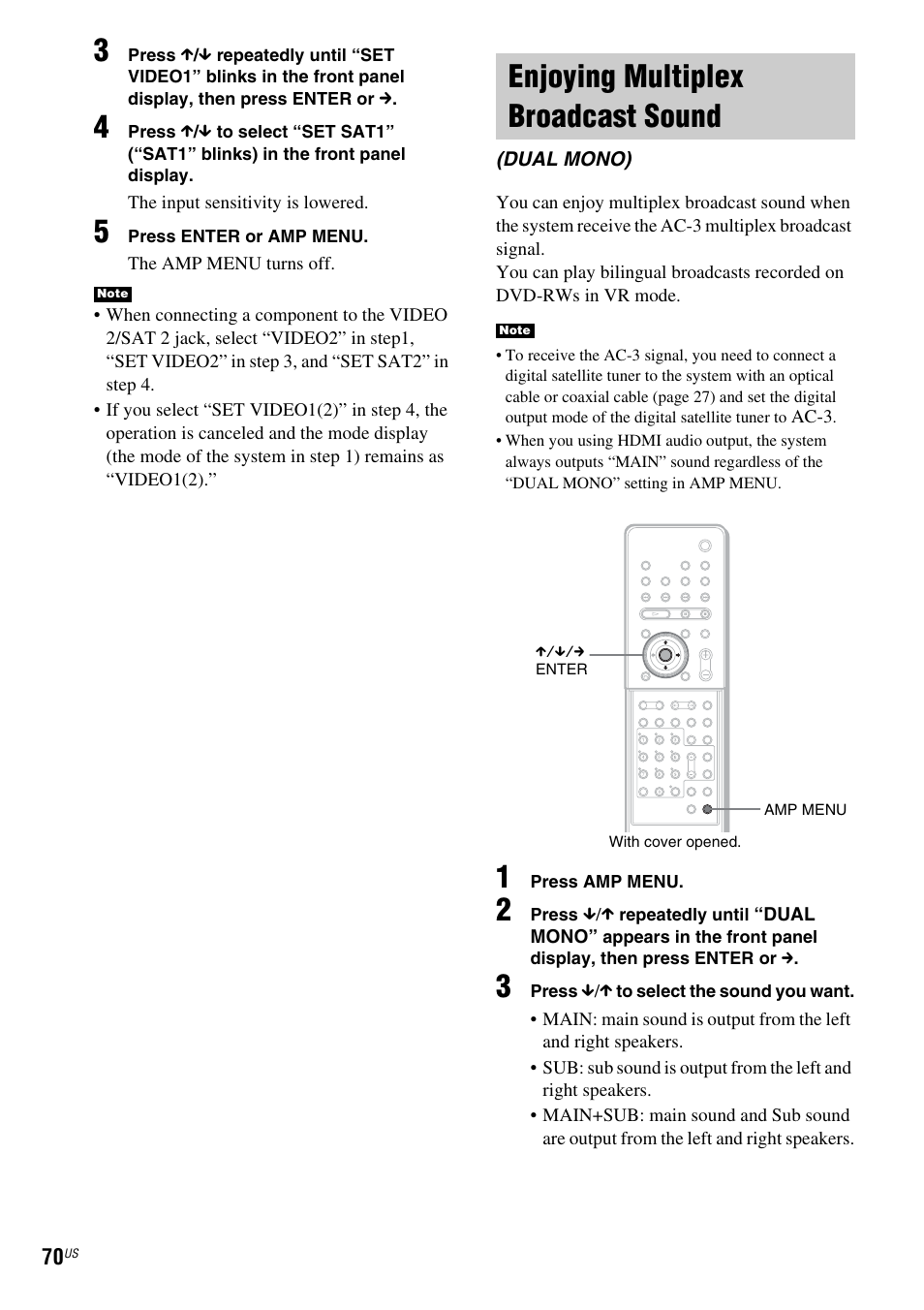 Enjoying multiplex broadcast sound, Dual mono), Enjoying multiplex broadcast | Sound (dual mono) | Sony DAV-X1 User Manual | Page 70 / 99