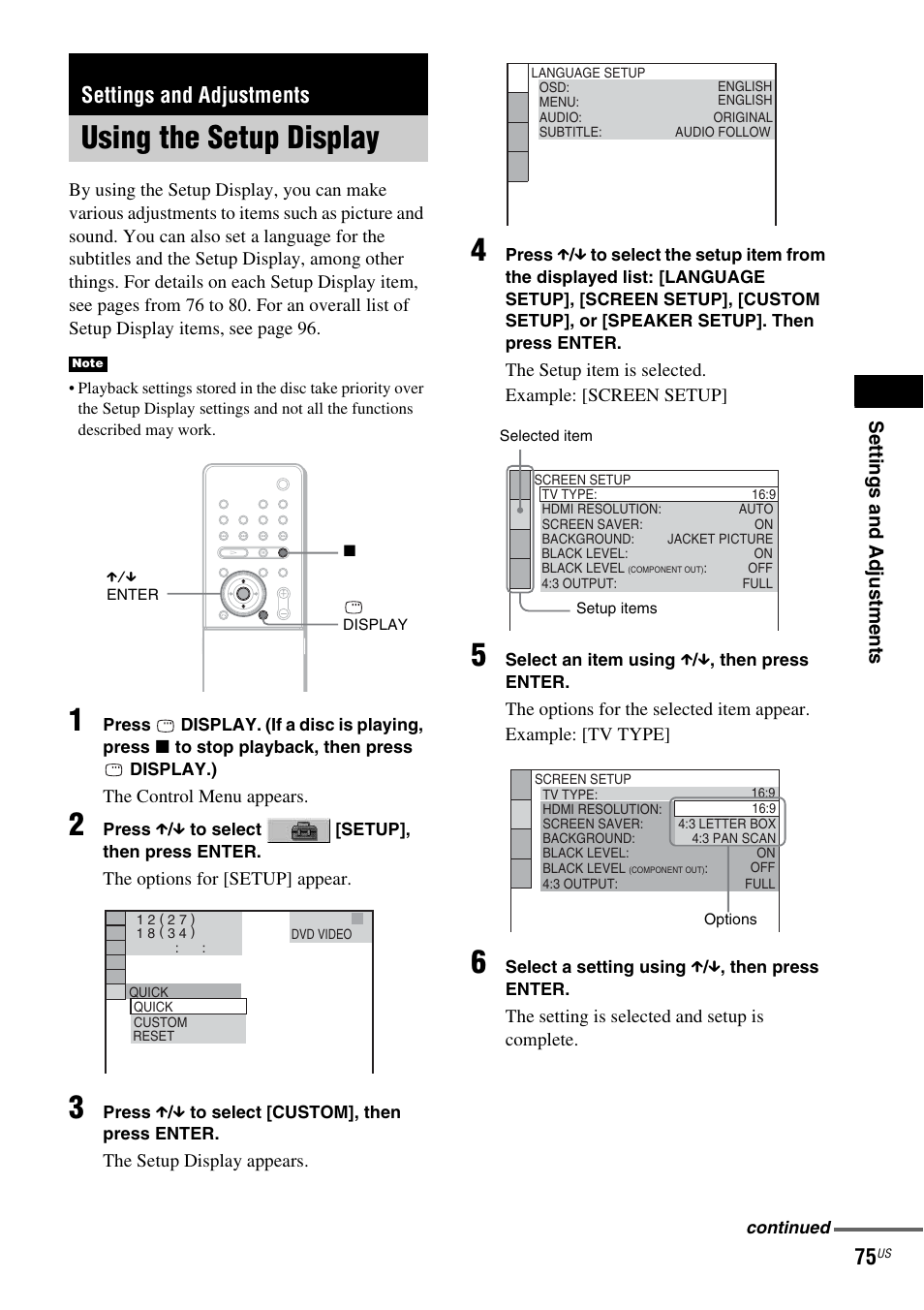 Settings and adjustments, Using the setup display | Sony DAV-X1 User Manual | Page 75 / 99