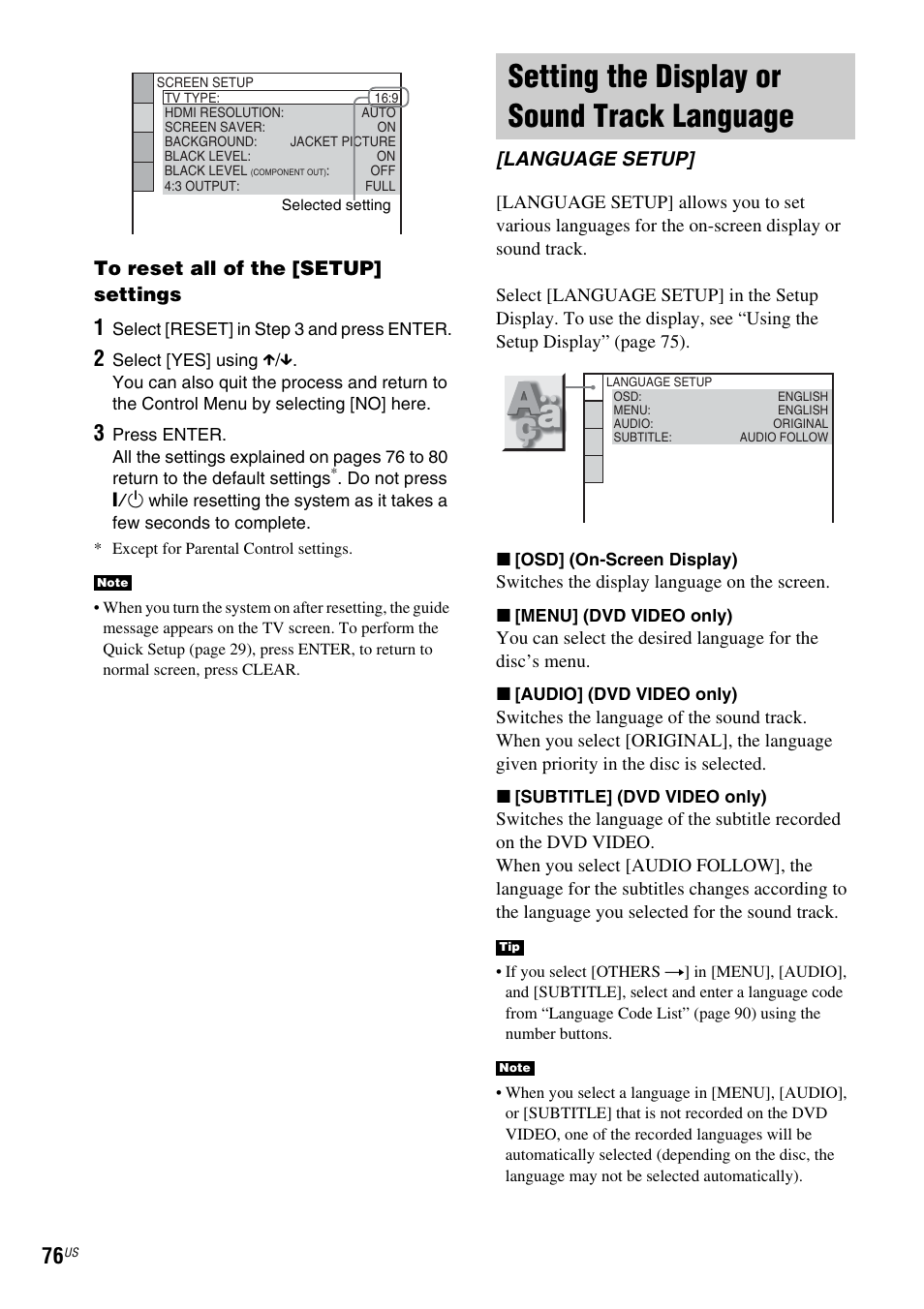 Setting the display or sound track language, Language setup, Setting the display or sound track | Language [language setup | Sony DAV-X1 User Manual | Page 76 / 99