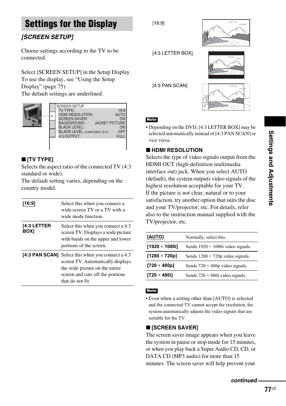 Settings for the display, Screen setup, Se tti ng s an d ad ju st me n ts | Sony DAV-X1 User Manual | Page 77 / 99