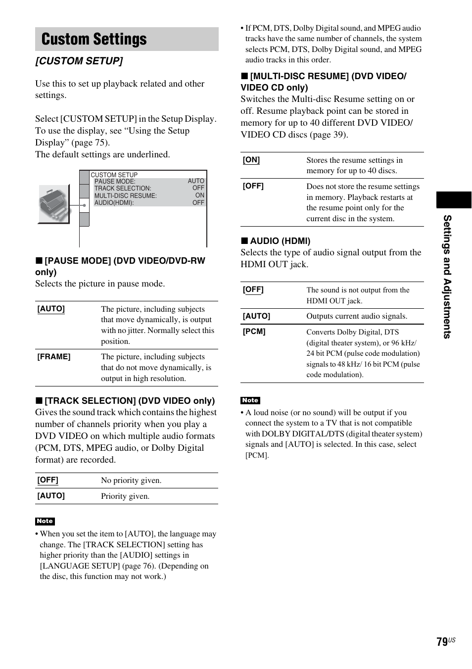 Custom settings, Custom setup | Sony DAV-X1 User Manual | Page 79 / 99