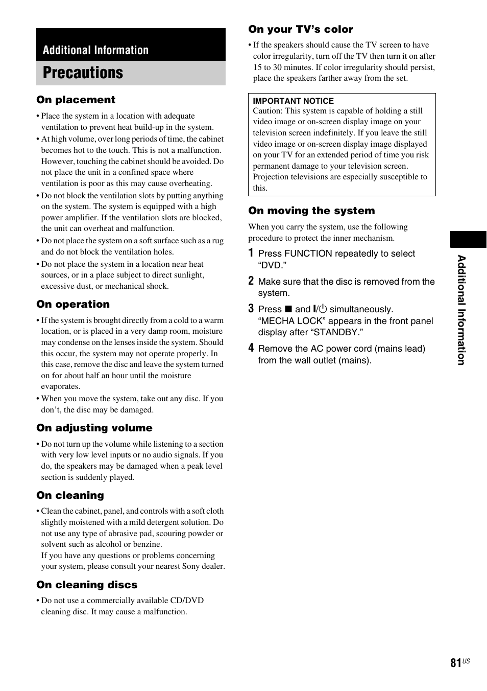 Additional information, Precautions | Sony DAV-X1 User Manual | Page 81 / 99