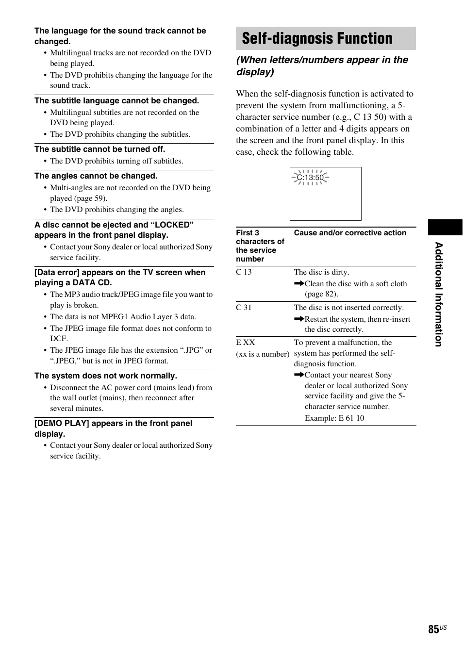 Self-diagnosis function, When letters/numbers appear in the display) | Sony DAV-X1 User Manual | Page 85 / 99