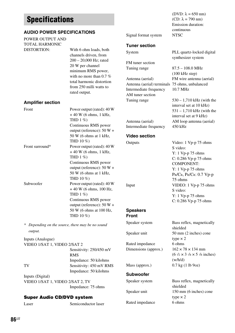 Specifications | Sony DAV-X1 User Manual | Page 86 / 99