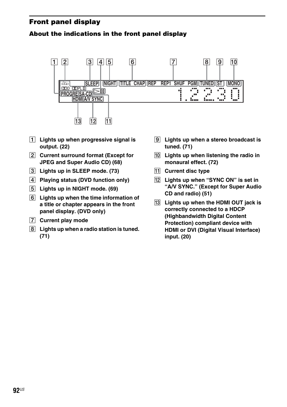 Lay (92), Front panel display | Sony DAV-X1 User Manual | Page 92 / 99