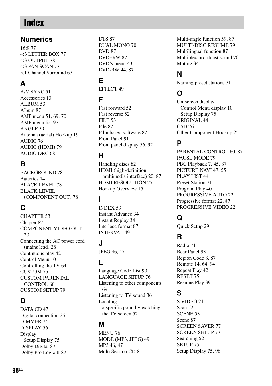 Index, Numerics | Sony DAV-X1 User Manual | Page 98 / 99