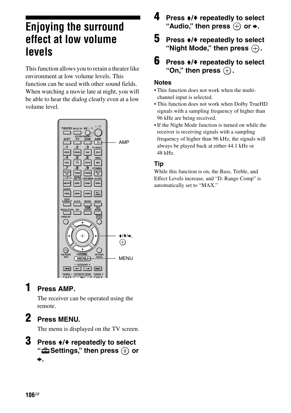 Enjoying the surround effect at low volume levels, Enjoying the surround effect at low volume, Levels | Sony STR-DA6400ES User Manual | Page 106 / 175