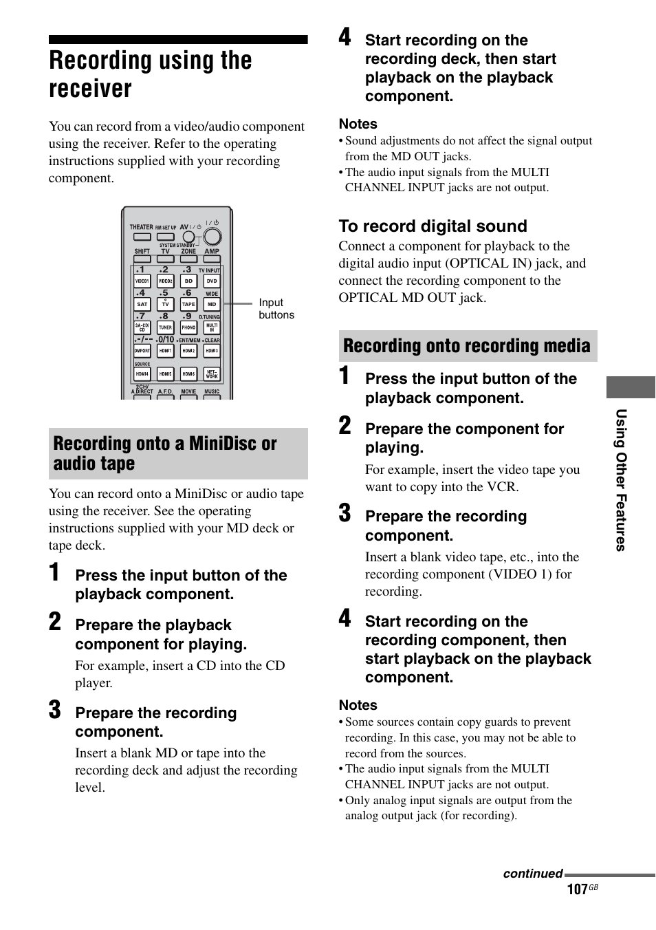 Recording using the receiver, Recording onto a minidisc or audio tape, Recording onto recording media | Sony STR-DA6400ES User Manual | Page 107 / 175