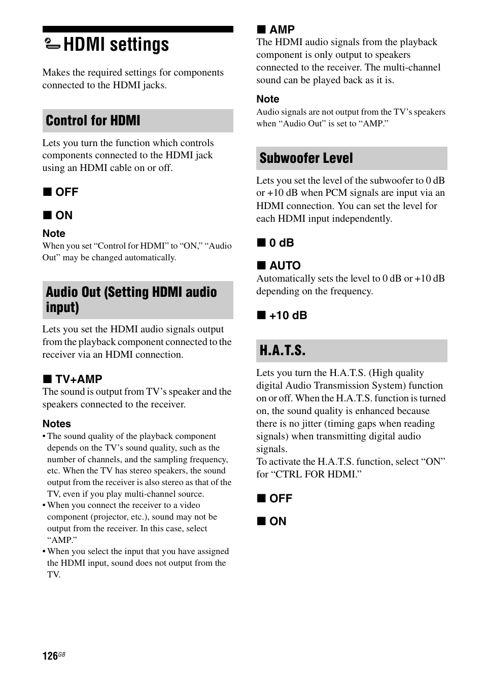 Hdmi settings | Sony STR-DA6400ES User Manual | Page 126 / 175