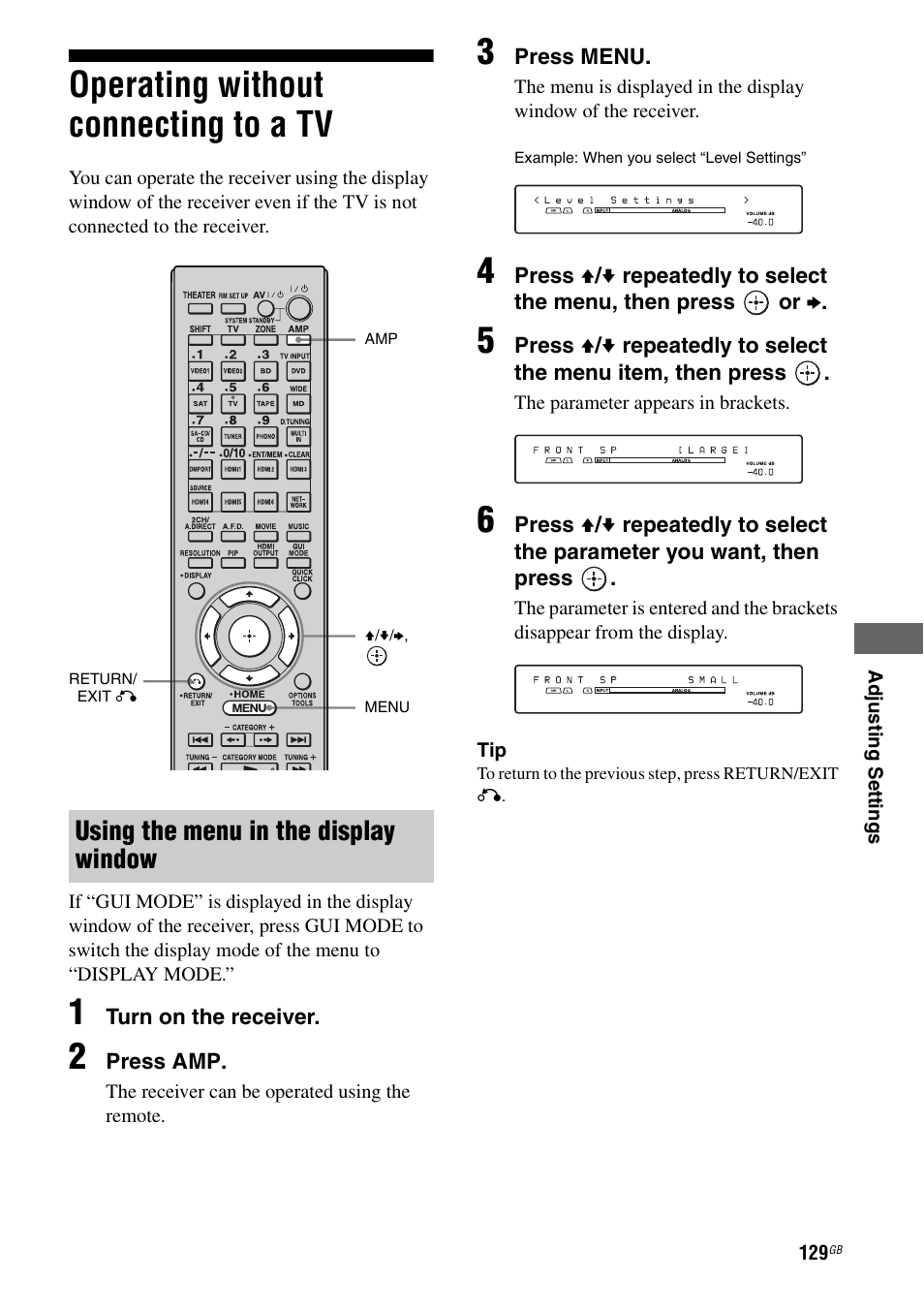 Operating without connecting to a tv, Using the menu in the display window | Sony STR-DA6400ES User Manual | Page 129 / 175