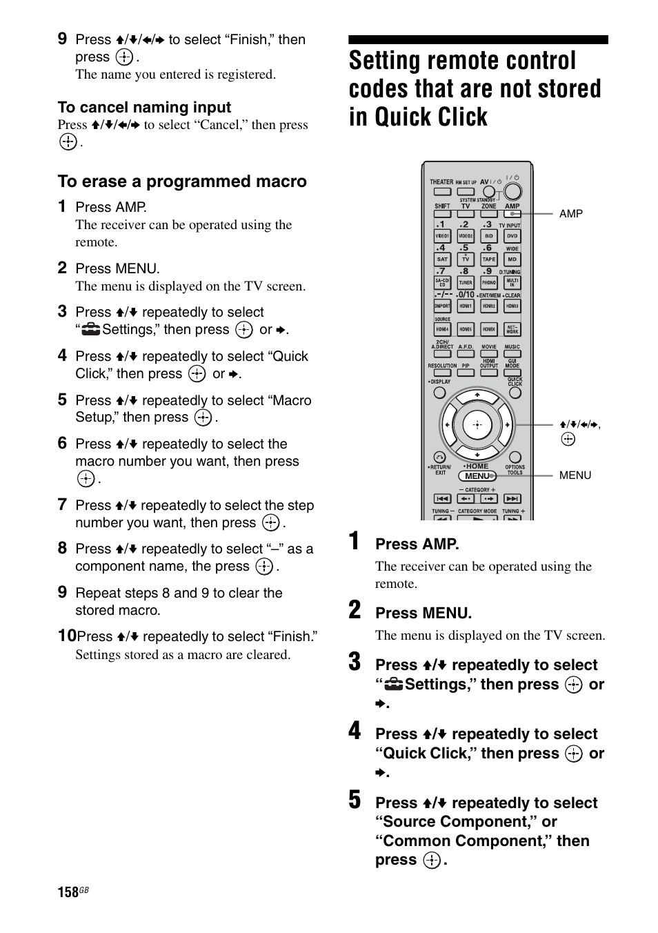 Setting remote control codes that are not, Stored in quick click | Sony STR-DA6400ES User Manual | Page 158 / 175
