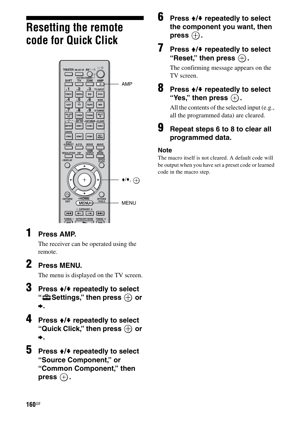 Resetting the remote code for quick click, Resetting the remote code for quick, Click | Resetting the remote code for quick click 1 | Sony STR-DA6400ES User Manual | Page 160 / 175