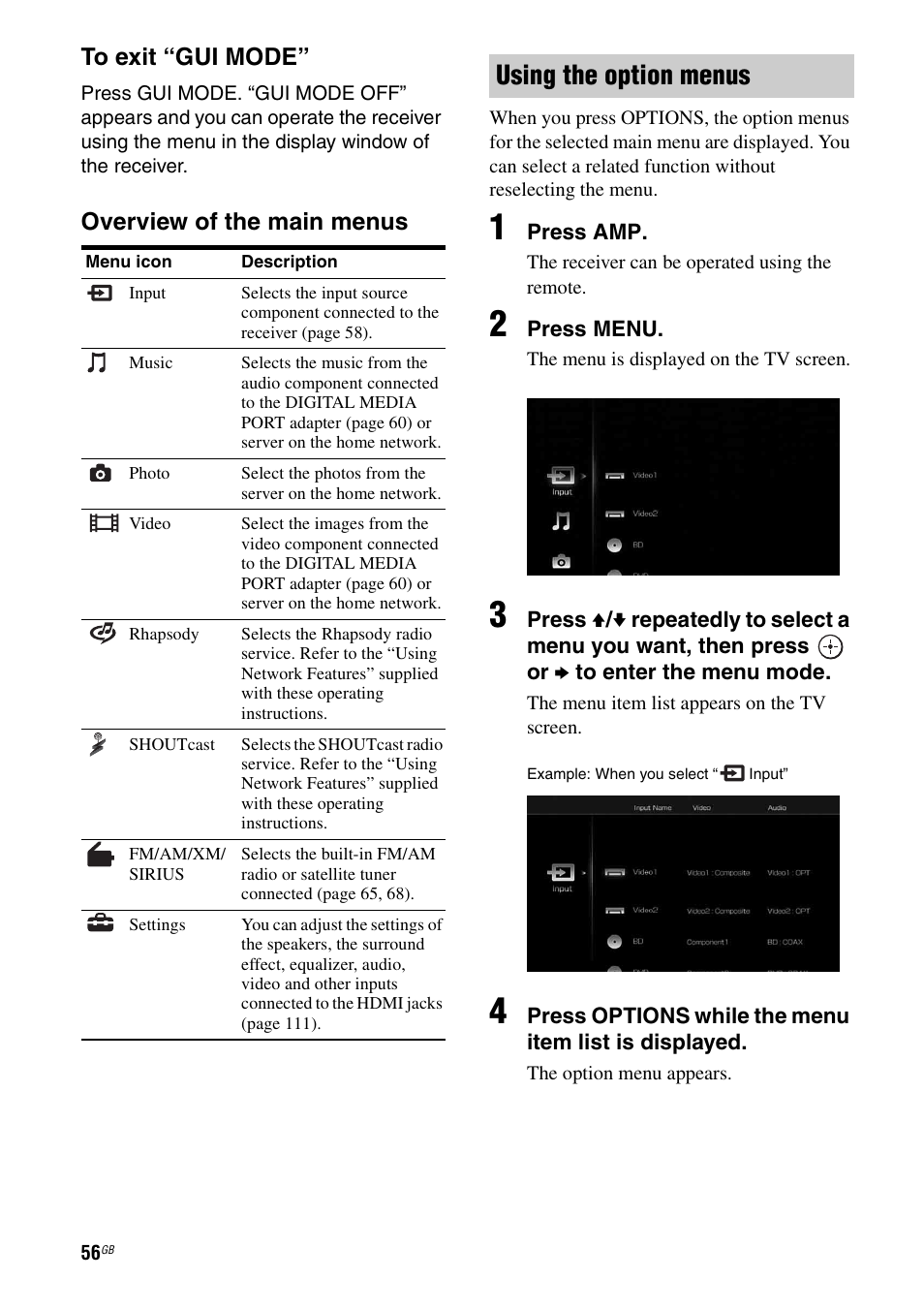 Using the option menus, Overview of the main menus | Sony STR-DA6400ES User Manual | Page 56 / 175