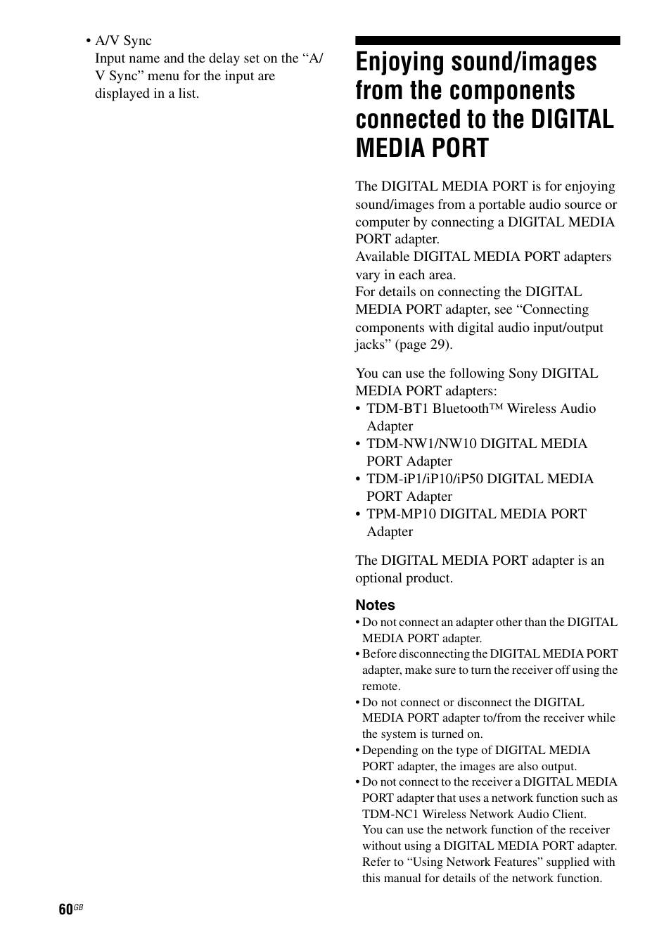 Enjoying sound/images from the components, Connected to the digital media port | Sony STR-DA6400ES User Manual | Page 60 / 175