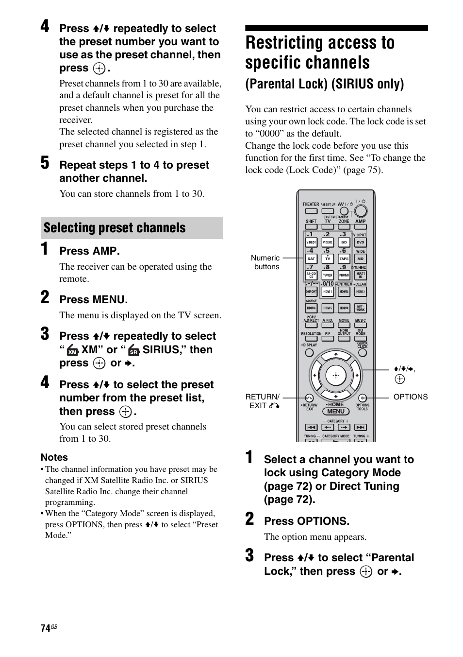 Restricting access to specific channels, Parental lock) (sirius only), Selecting preset channels | Sony STR-DA6400ES User Manual | Page 74 / 175
