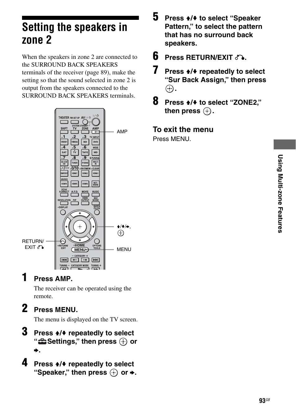Setting the speakers in zone 2 | Sony STR-DA6400ES User Manual | Page 93 / 175
