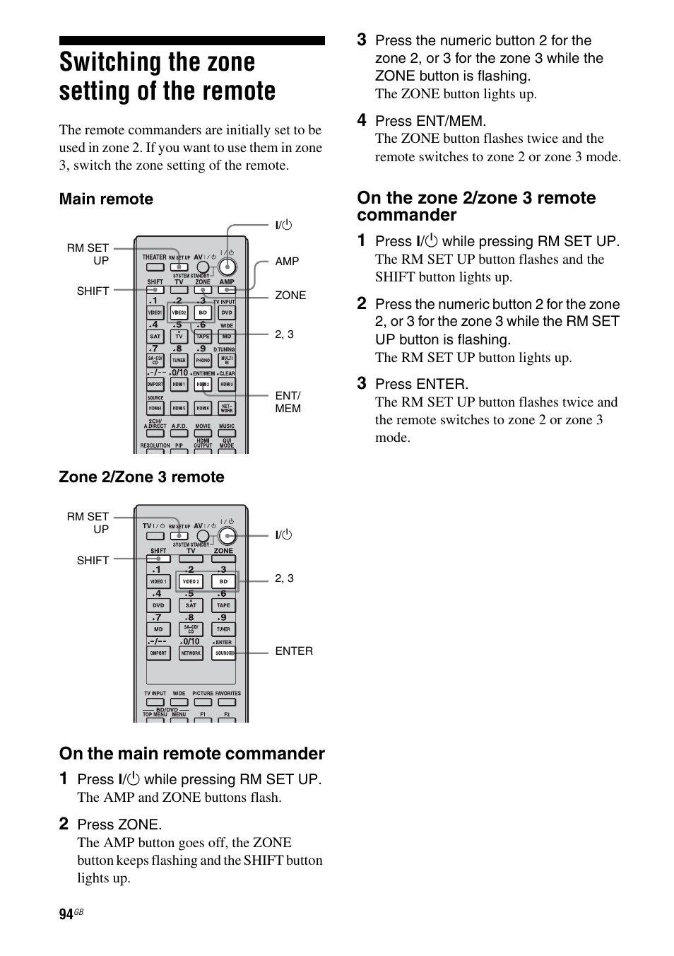 Switching the zone setting of the remote, On the main remote commander 1, On the zone 2/zone 3 remote commander 1 | Sony STR-DA6400ES User Manual | Page 94 / 175