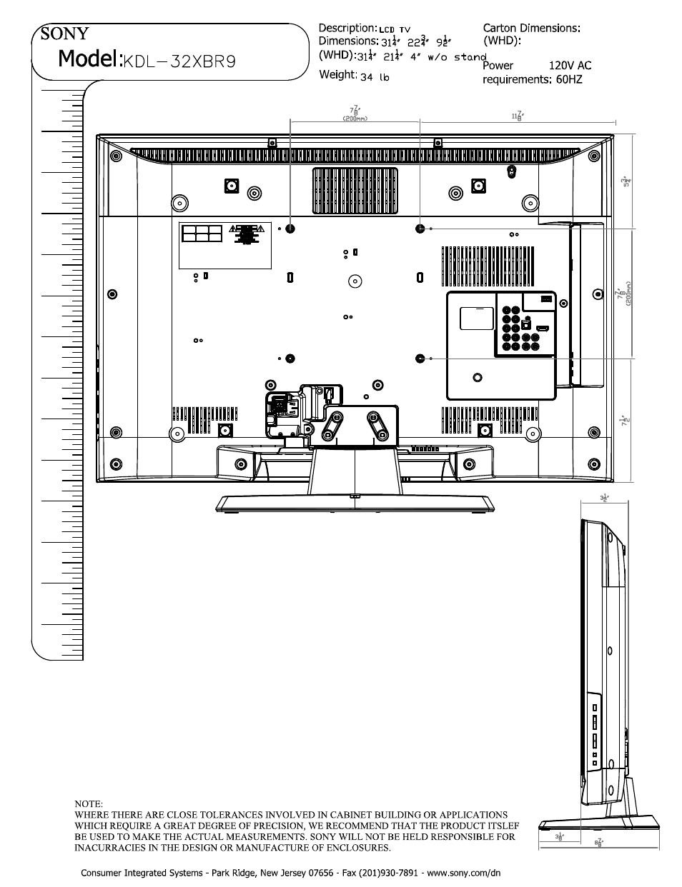 Sony, Model :kdl-32xbr9, Whd):3li' 2li* 4' w/o stand | Model | Sony KDL-32XBR9 User Manual | Page 2 / 2