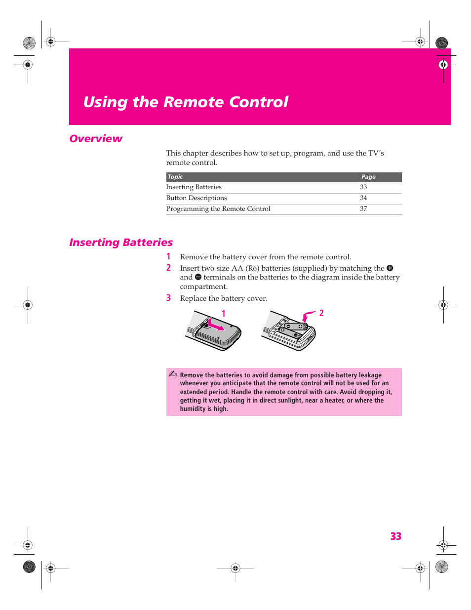 Using the remote control, Overview, Inserting batteries | Overview inserting batteries | Sony KV-34HS420 User Manual | Page 34 / 73