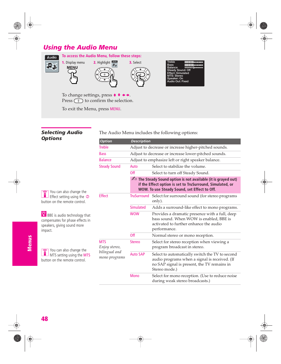 Using the audio menu, Selecting audio options | Sony KV-34HS420 User Manual | Page 49 / 73
