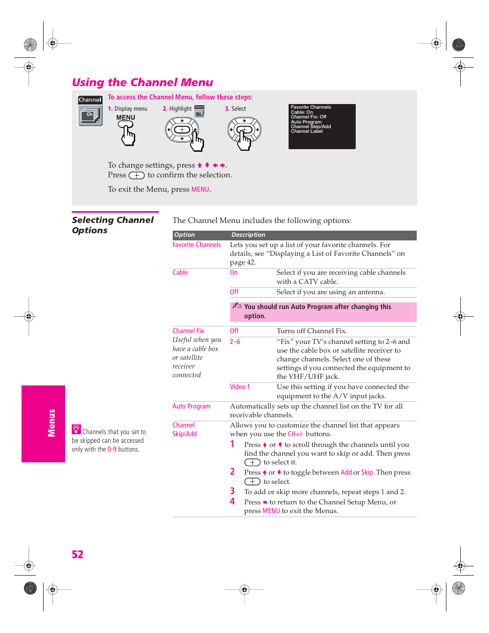 Using the channel menu, Selecting channel options | Sony KV-34HS420 User Manual | Page 53 / 73