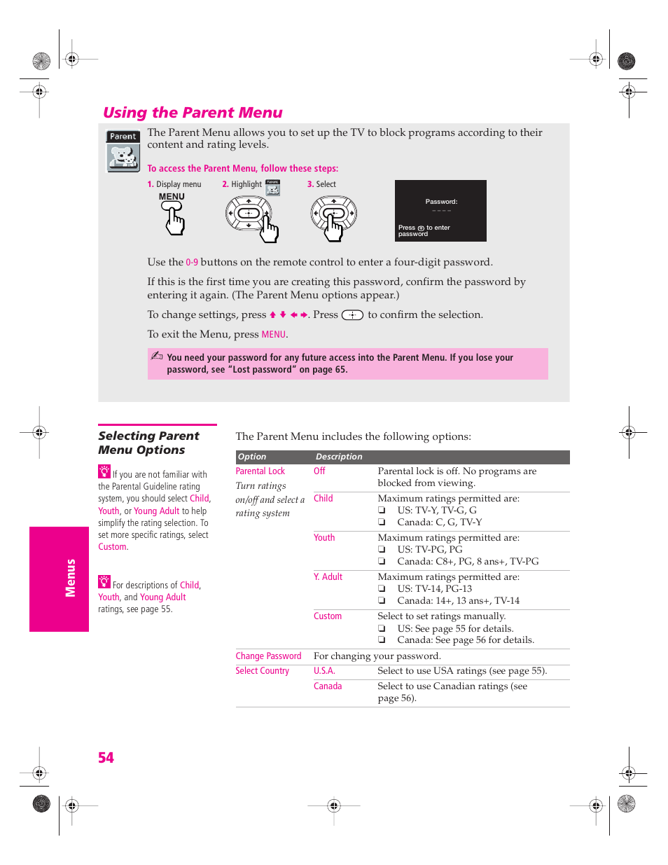Using the parent menu, Selecting parent menu options | Sony KV-34HS420 User Manual | Page 55 / 73