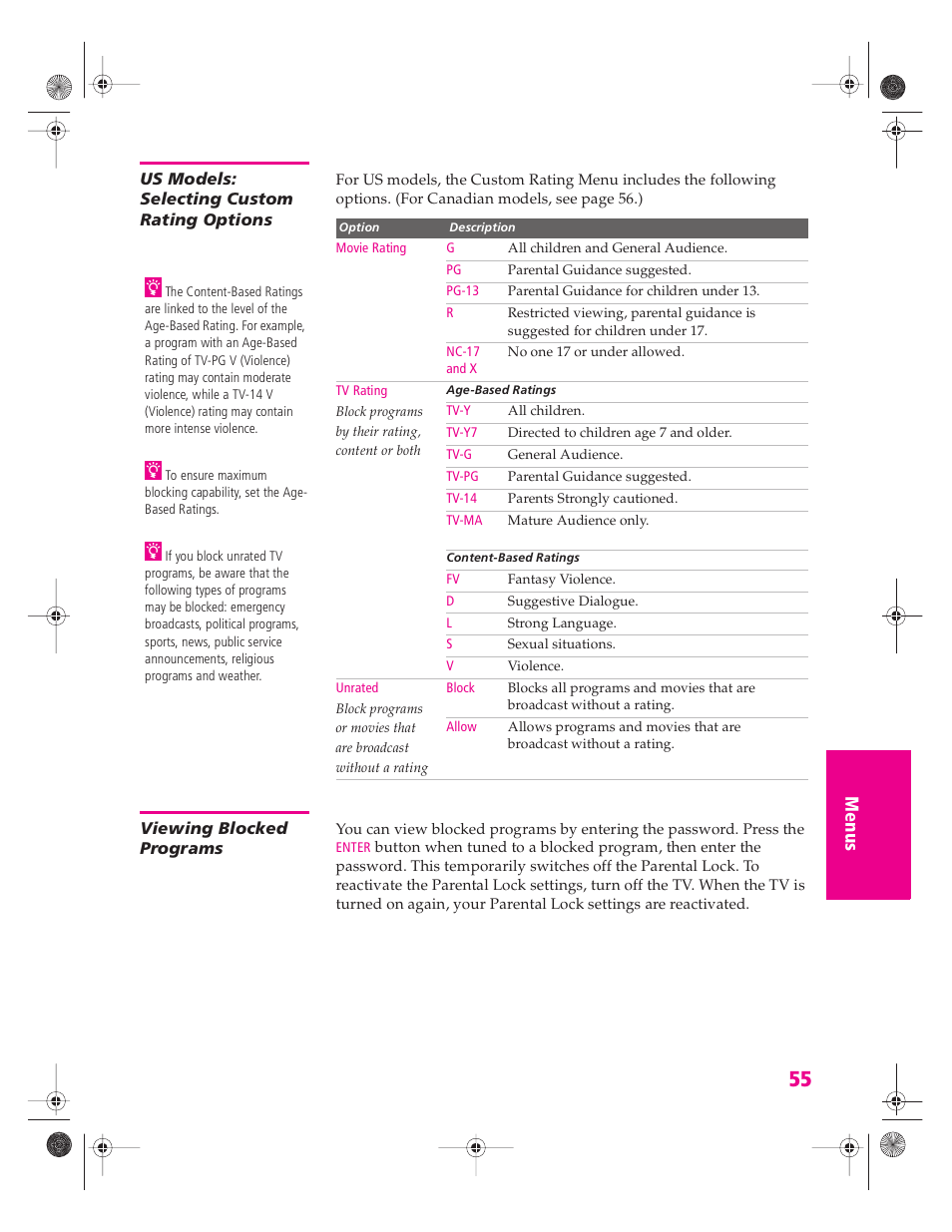 Us models: selecting custom rating options, Viewing blocked programs | Sony KV-34HS420 User Manual | Page 56 / 73