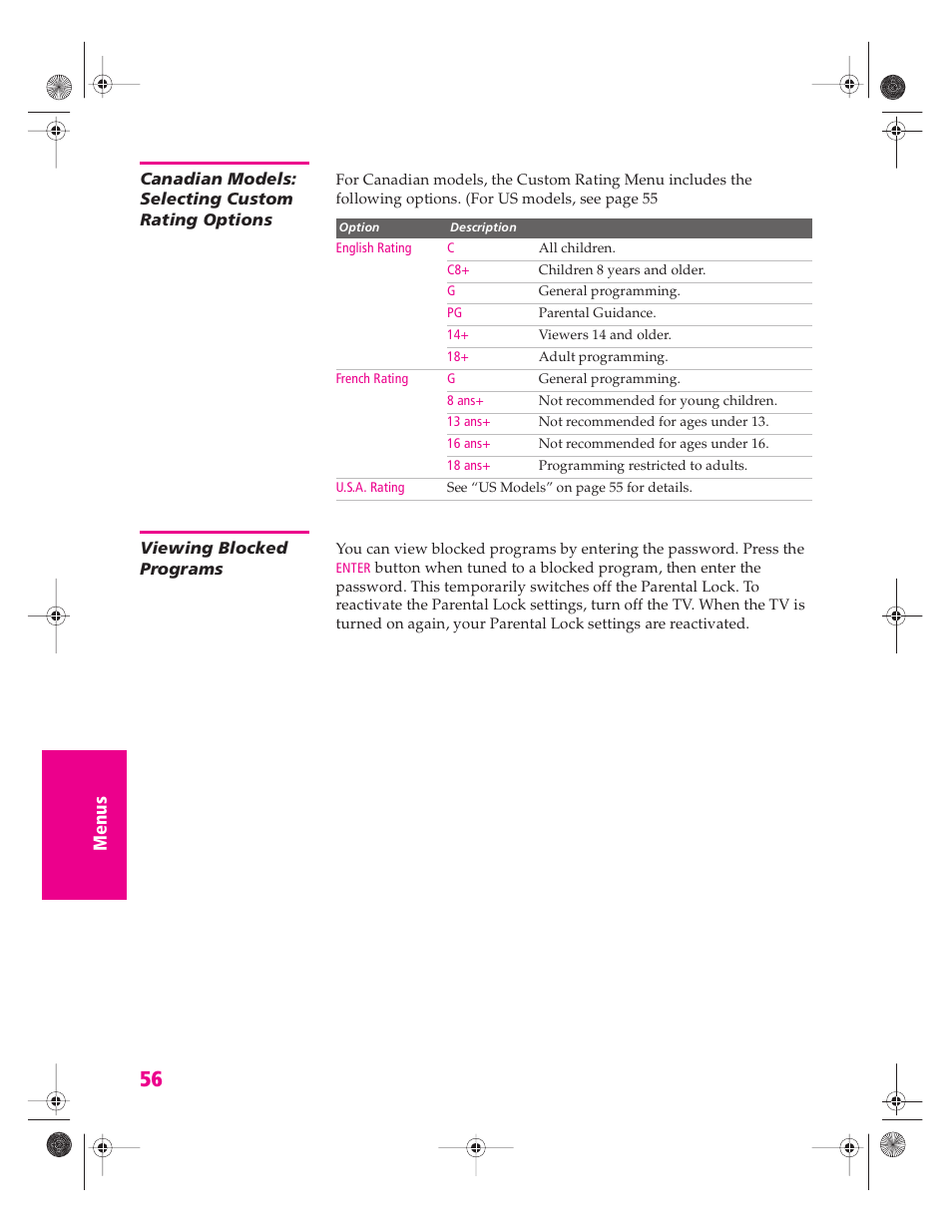 Canadian models: selecting custom rating options, Viewing blocked programs | Sony KV-34HS420 User Manual | Page 57 / 73