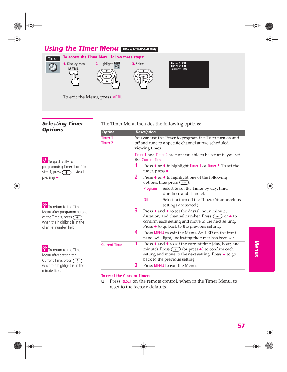 Using the timer menu, Selecting timer options, D 57 | Sony KV-34HS420 User Manual | Page 58 / 73