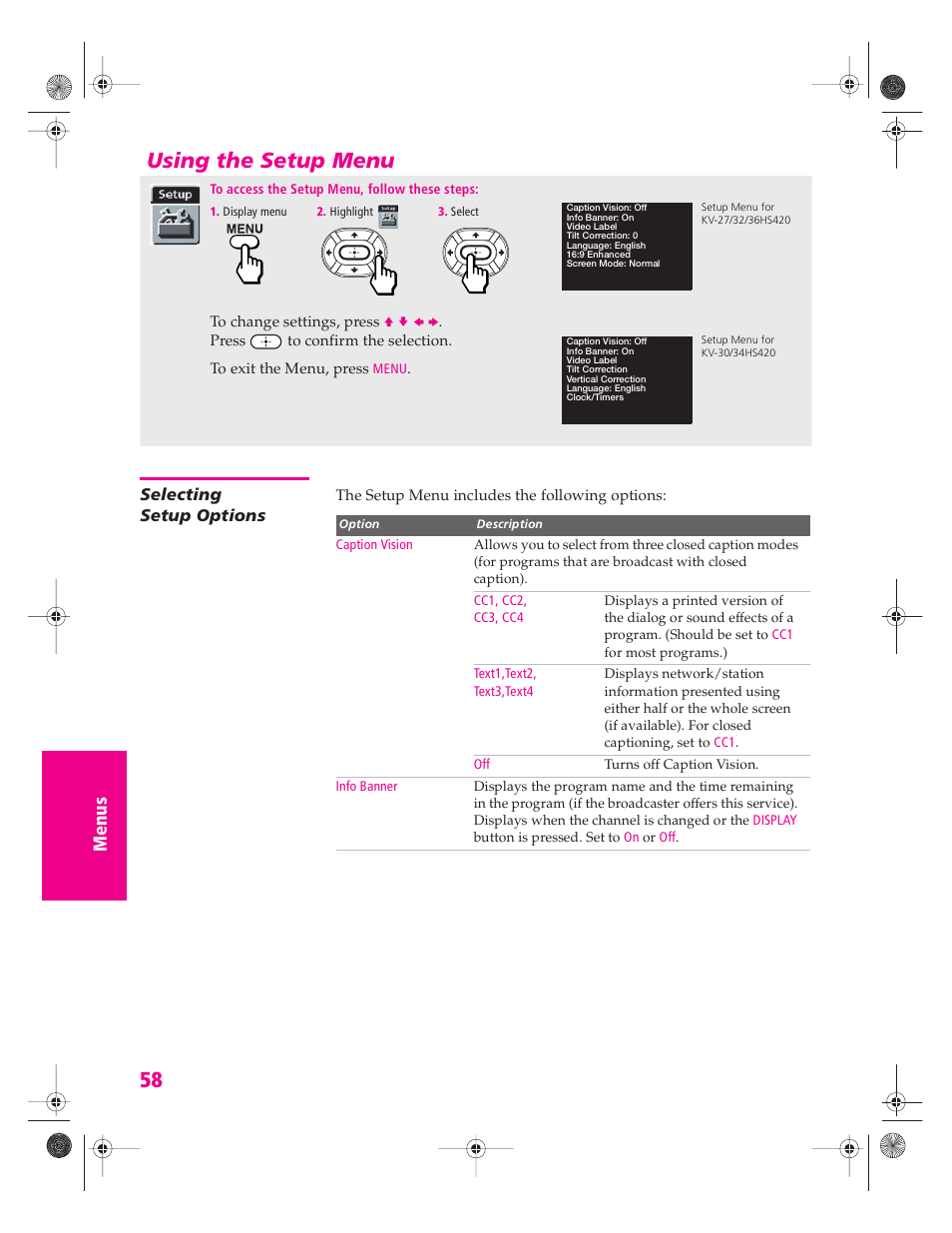 Using the setup menu, Selecting setup options | Sony KV-34HS420 User Manual | Page 59 / 73