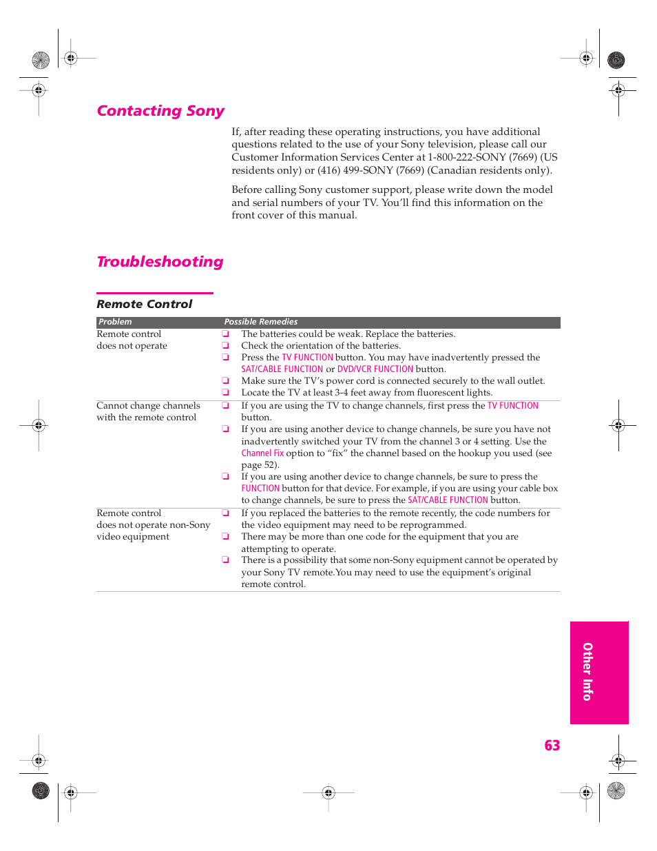 Contacting sony, Troubleshooting, Remote control | Contacting sony troubleshooting | Sony KV-34HS420 User Manual | Page 64 / 73