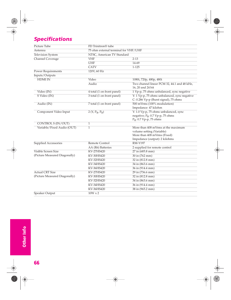 Specifications | Sony KV-34HS420 User Manual | Page 67 / 73