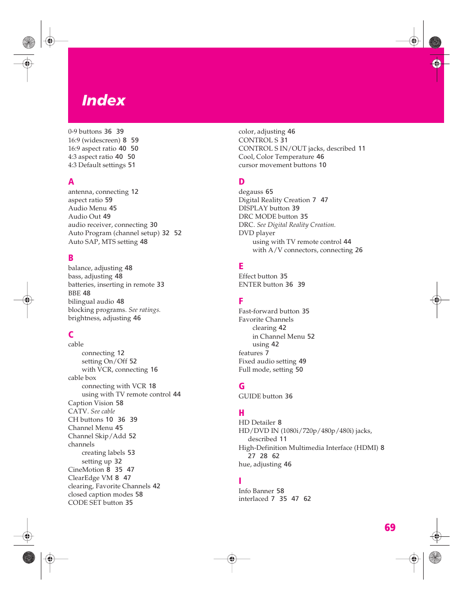 Index | Sony KV-34HS420 User Manual | Page 70 / 73