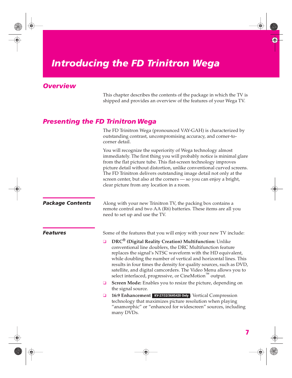 Introducing the fd trinitron wega, Overview, Presenting the fd trinitron wega | Package contents, Features, Overview presenting the fd trinitron wega, Package contents features, Presenting the fd trinitron, Wega | Sony KV-34HS420 User Manual | Page 8 / 73