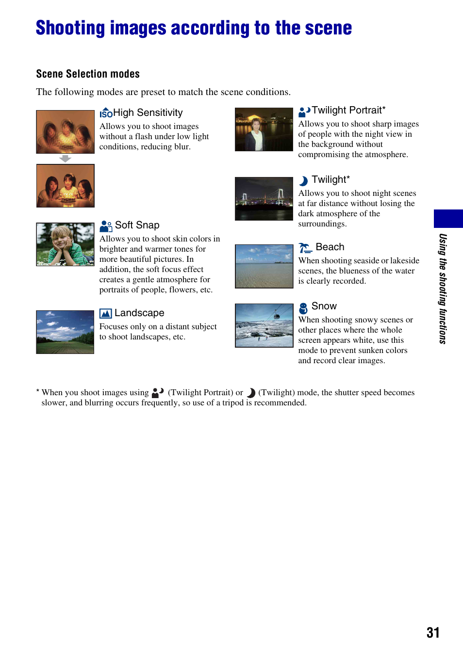 Shooting images according to the scene | Sony DSC-S930 User Manual | Page 31 / 100