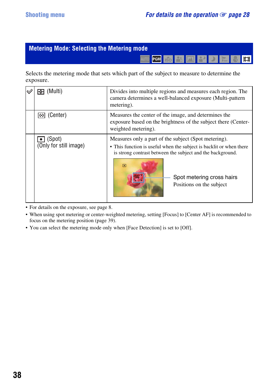 Metering mode: selecting the metering mode | Sony DSC-S930 User Manual | Page 38 / 100