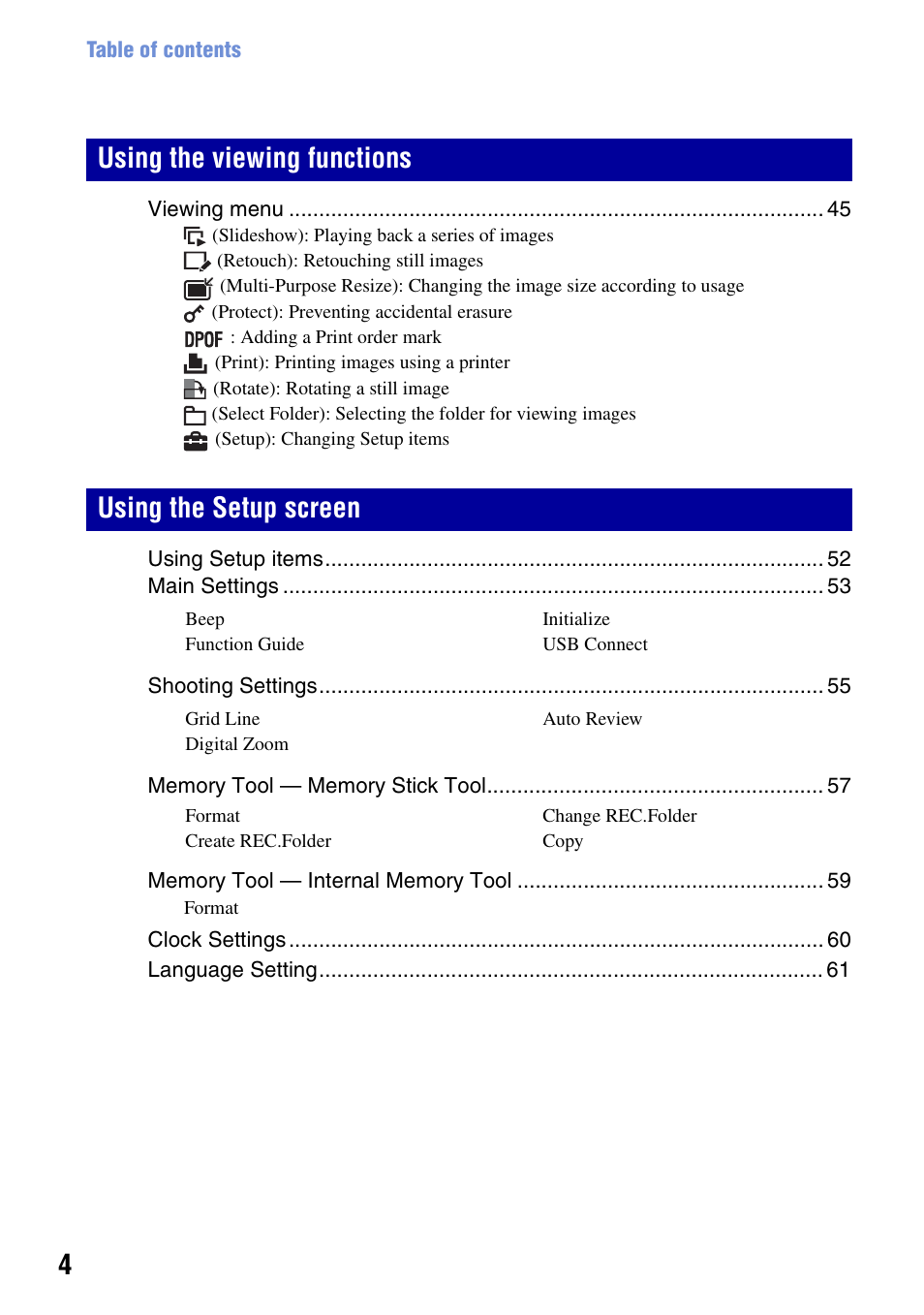 Using the viewing functions using the setup screen | Sony DSC-S930 User Manual | Page 4 / 100