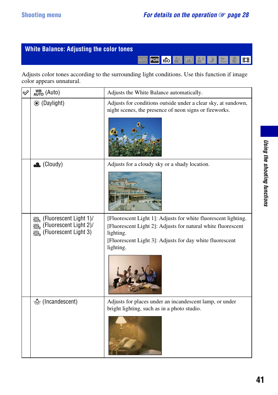 White balance: adjusting the color tones, E (41) | Sony DSC-S930 User Manual | Page 41 / 100