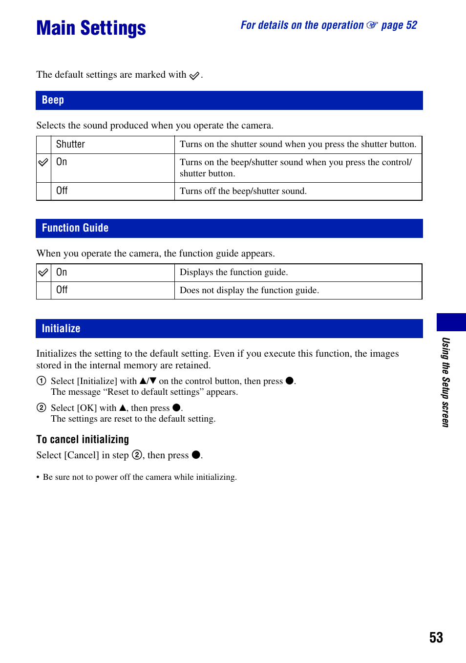 Main settings, Beep, Function guide | Initialize, Beep function guide | Sony DSC-S930 User Manual | Page 53 / 100