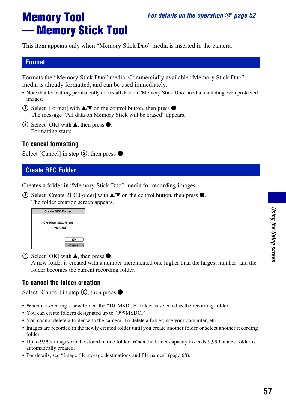 Memory tool - memory stick tool, Format, Create rec.folder | Memory tool — memory stick tool, Format create rec.folder | Sony DSC-S930 User Manual | Page 57 / 100
