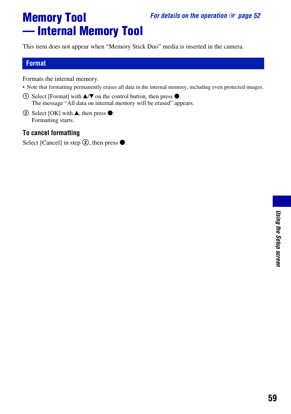 Memory tool - internal memory tool, Format, Memory tool — internal memory tool | Sony DSC-S930 User Manual | Page 59 / 100