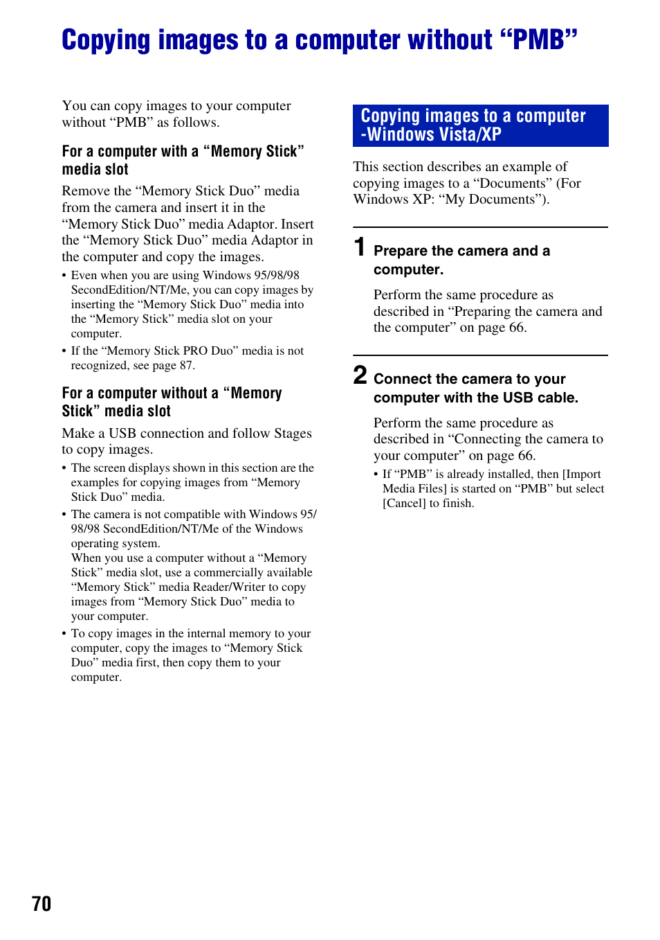 Copying images to a computer without “pmb, Copying images to a computer -windows vista/xp | Sony DSC-S930 User Manual | Page 70 / 100