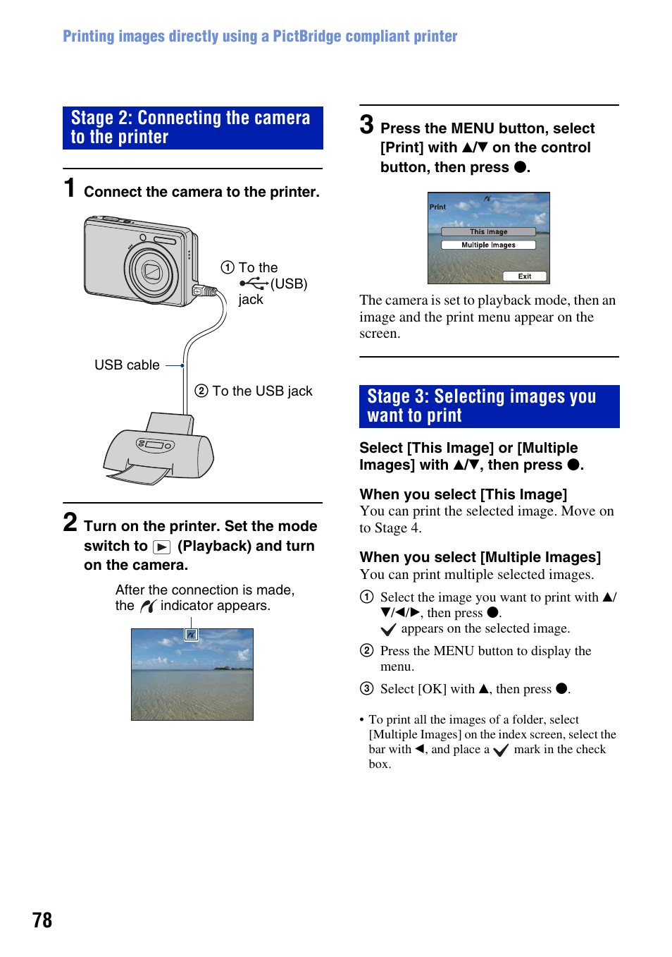 Stage 2: connecting the camera to the printer, Stage 3: selecting images you want to print | Sony DSC-S930 User Manual | Page 78 / 100