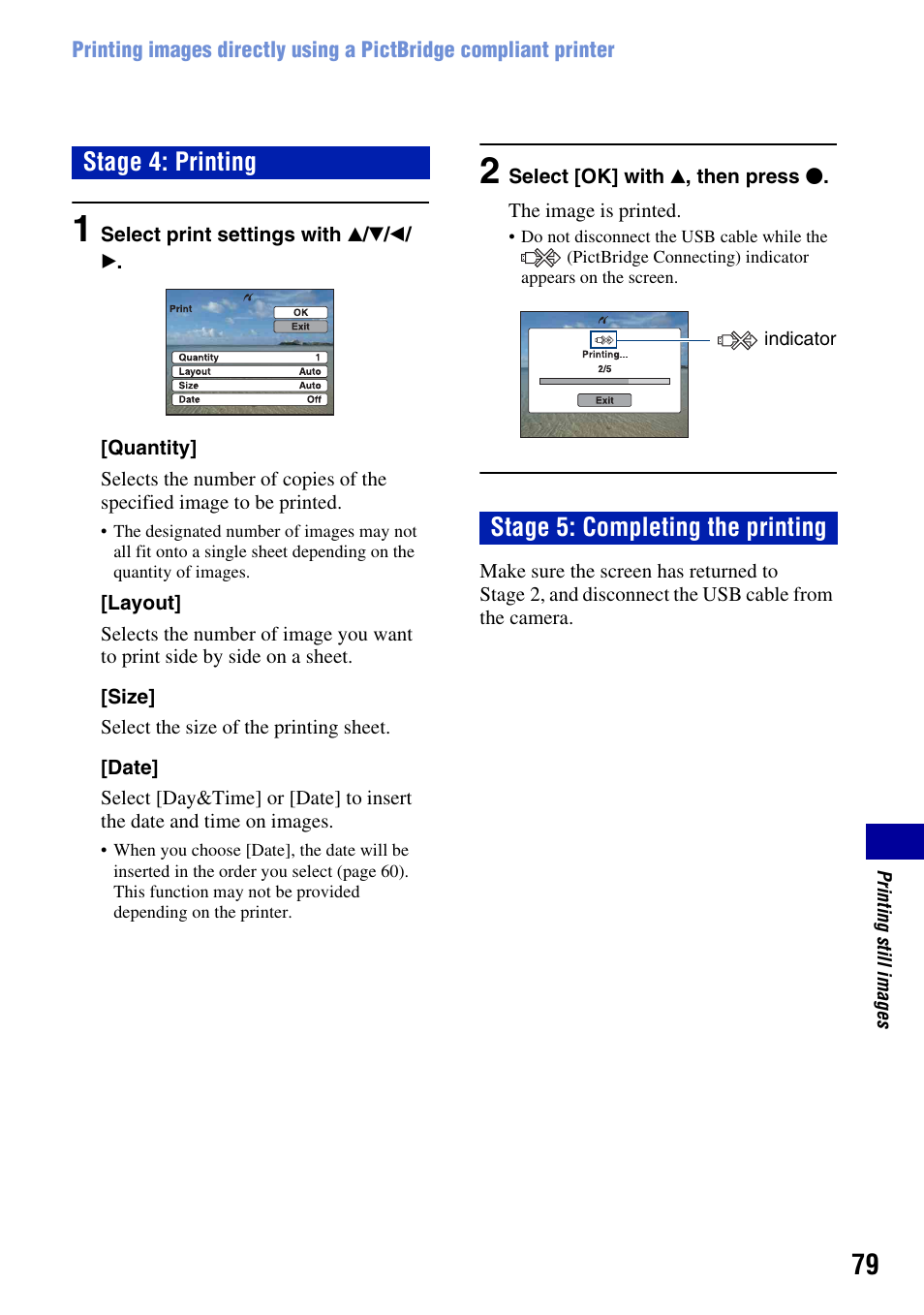 Stage 4: printing stage 5: completing the printing | Sony DSC-S930 User Manual | Page 79 / 100