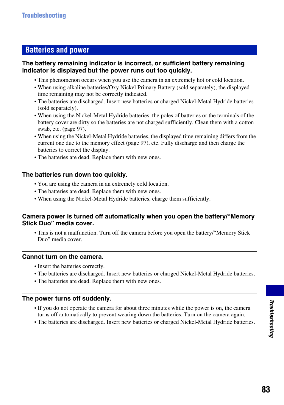 Ages 83 to 91, Batteries and power | Sony DSC-S930 User Manual | Page 83 / 100