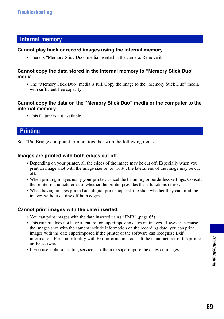Internal memory, Printing | Sony DSC-S930 User Manual | Page 89 / 100
