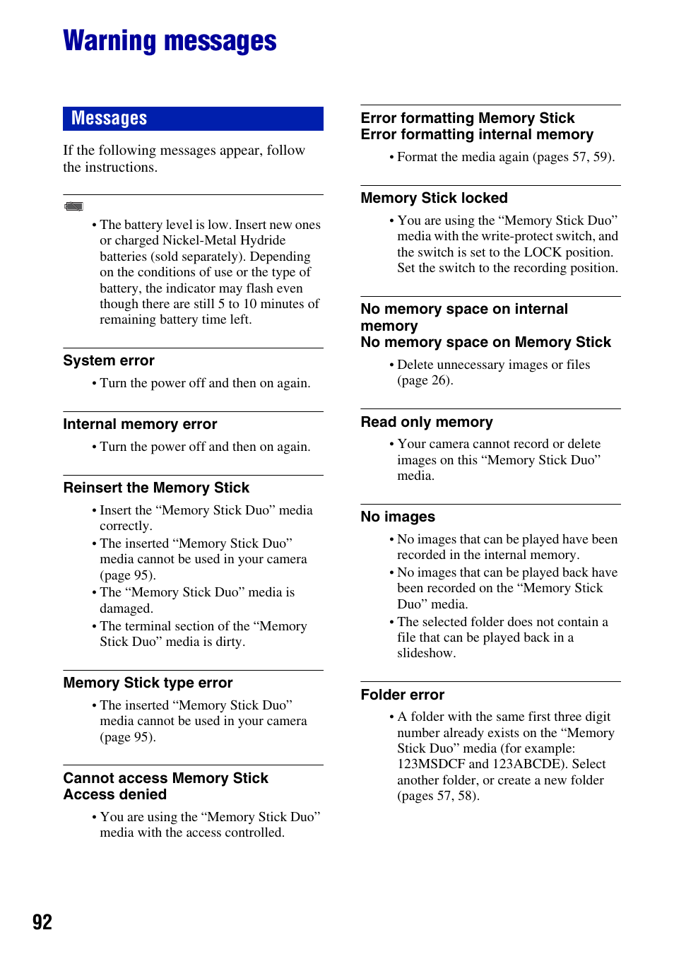 Warning messages, G (92), Messages | Sony DSC-S930 User Manual | Page 92 / 100