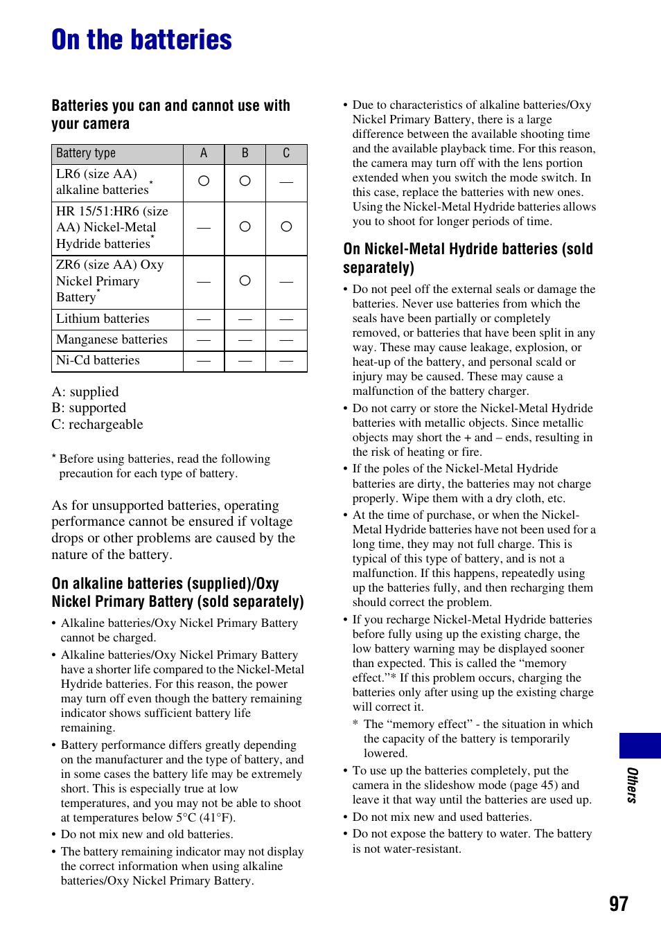 On the batteries | Sony DSC-S930 User Manual | Page 97 / 100