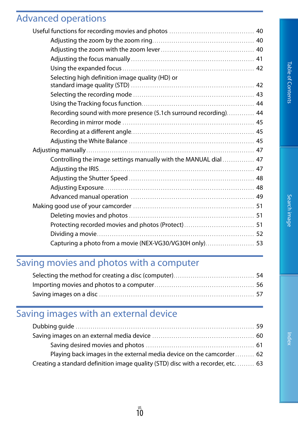 Advanced operations, Saving movies and photos with a computer, Saving images with an external device | Sony NEX-VG30H User Manual | Page 10 / 116